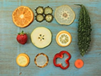 vaidehi hemant, natural handmade fruit & vegetable papyrus (before), 2015, sliced fruit and vegetables, beetroot, radish, indian gourd, carrot, apple, photo: saloni luktuke