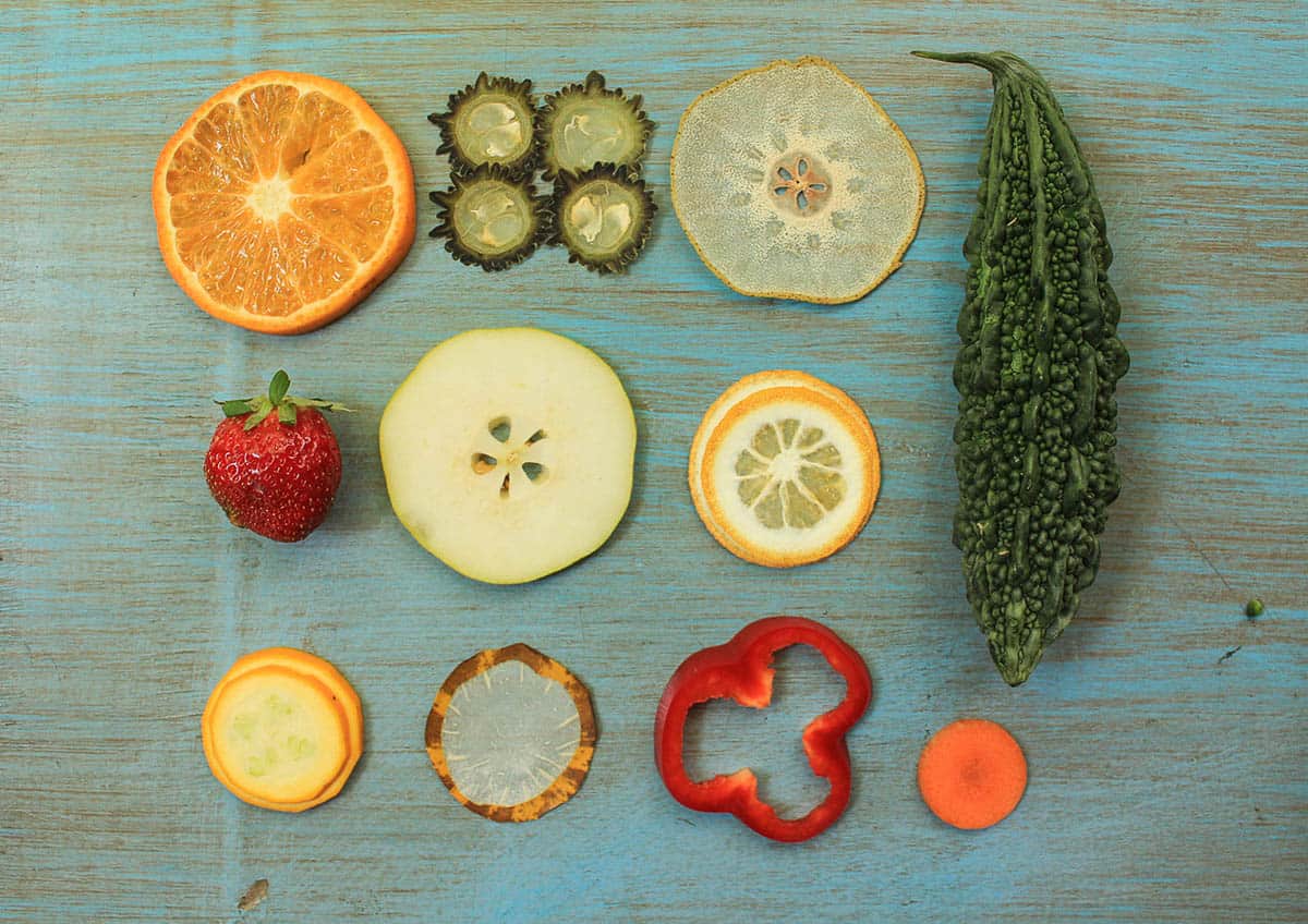 Vaidehi Hemant, Natural Handmade Fruit & Vegetable Papyrus (Before), 2015, Sliced Fruit and Vegetables, Beetroot, Radish, Indian Gourd, Carrot, Apple, photo: Saloni Luktuke