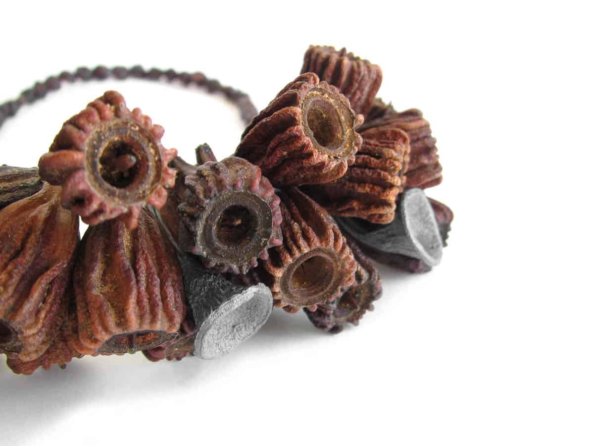 Melinda Young, Ruffled Neckpiece (After: detail), 2015, Ridged Fruited Mallee, oxidised 925 silver, garnets, copper