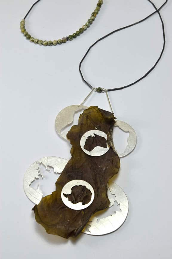Jesika Dawnn, Silt Dream Series - Brine (After), 2016, Sterling silver, seaweed, Rhyolite beads, titanium wire, 8 x 13.5 x 1cm, photo: Jesika Dawnn, made in Byron Bay, Australia