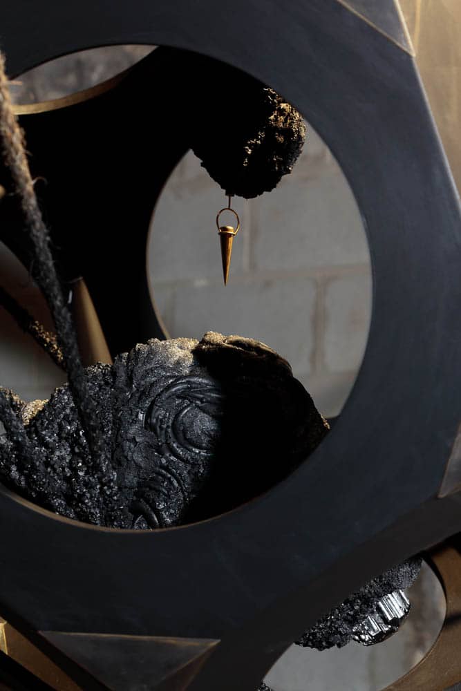 Carli Holcomb, Unknowable Terrain (After: detail 3), brass, wood, patina, clay, black tourmaline, crystal, hemp rope, and coal slag, 274.32 x 96.52 x 96.52cm, photo: David Hunter Hale, made in Virginia, USA
