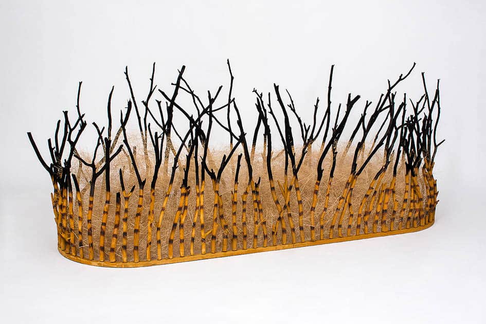 Wendy Teakel, Late Summer Haze, 2012, sticks, steel, grass, soot, ochre, 120 X 300 X 100 cm, photo: David Paterson