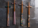 Serendouce Crafts commissioned Nishijin brocade maker Kohei Murata to apply the lustrous kimono textile technique to a set of chopsticks.
